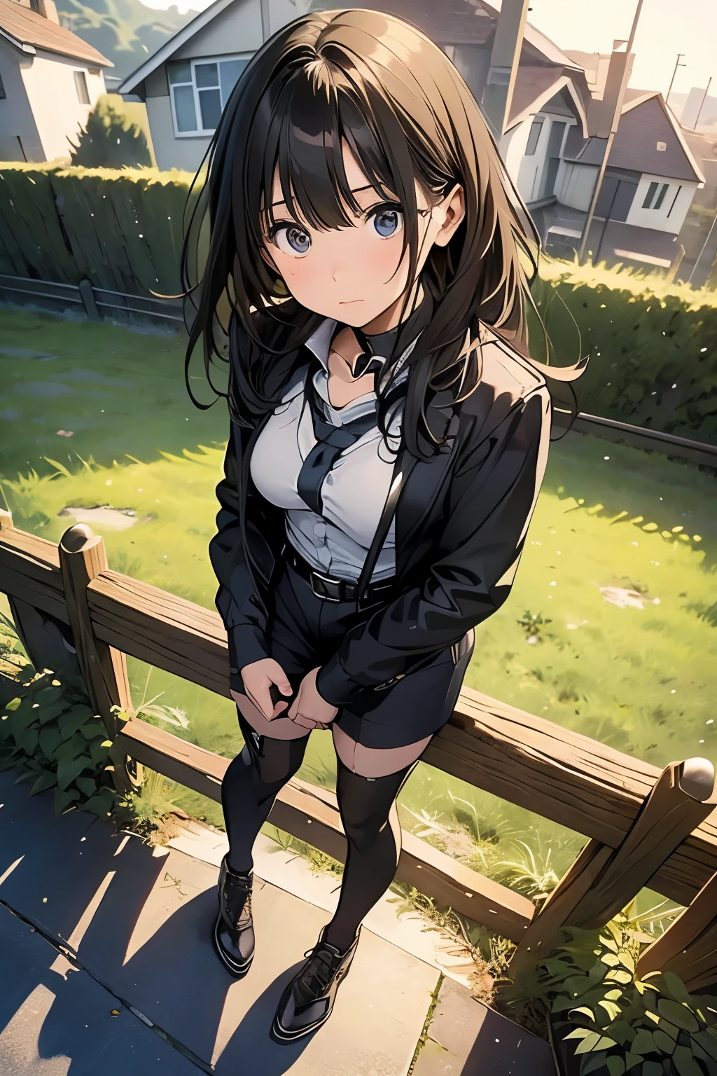 high quality, masterpiece, Ultra-high resolution, (realism: 1.4), Oil painting style, Cinema Lighting, An endless grassland dotted with a few houses, I stood on the empty asphalt road and looked at it., Fairy Mountain々was shrouded in mist, And the suspenders with the cranes flying　　　Moderate breasts　 　 　　　　Small face　 　　　holster　　　　　　　 Lying in bed　Looking up　　　　Sweat 　　　belt　summer　脇Sweat 　Black Hole Gloves　suit　shirt　　Black jacket　 Black trousers　Leg Links　ズボンにbelt　　holster　 　　Hands behind your back　 Anxious expression　Looking up　Anxious face