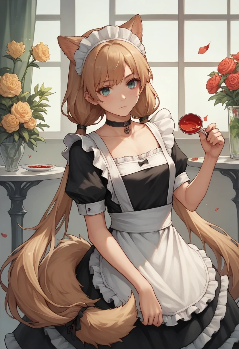 score_9, score_8_superior, score_7_superior, score_6_superior, score_5_superior, score_4_superior, sauce_anime, It 1, flower, twintails, low twintails, Very long hair, tail, dog tail, choker, Maid's Headdress, Black kimono, Wide sleeves, Frills, heart, White apron, Sleeves are longer than the wrist, skirt, red skirt, East Asian architecture, cherry blossoms