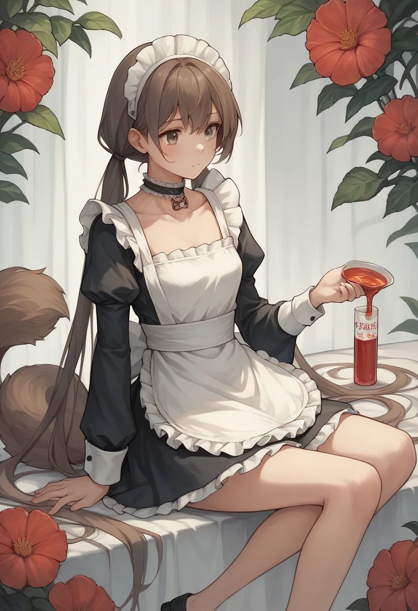 score_9, score_8_superior, score_7_superior, score_6_superior, score_5_superior, score_4_superior, sauce_anime, It 1, flower, twintails, low twintails, Very long hair, tail, dog tail, choker, Maid's Headdress, Black kimono, Wide sleeves, Frills, heart, White apron, Sleeves are longer than the wrist, skirt, red skirt, East Asian architecture, cherry blossoms