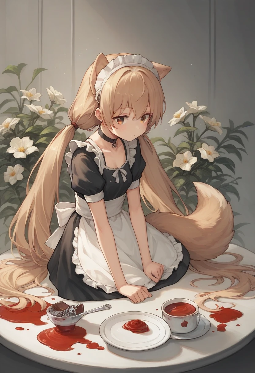 score_9, score_8_superior, score_7_superior, score_6_superior, score_5_superior, score_4_superior, sauce_anime, It 1, flower, twintails, low twintails, Very long hair, tail, dog tail, choker, Maid&#39;s Headdress, Black kimono, Wide sleeves, Frills, heart, White apron, Sleeves are longer than the wrist, skirt, red skirt, East Asian architecture, cherry blossoms