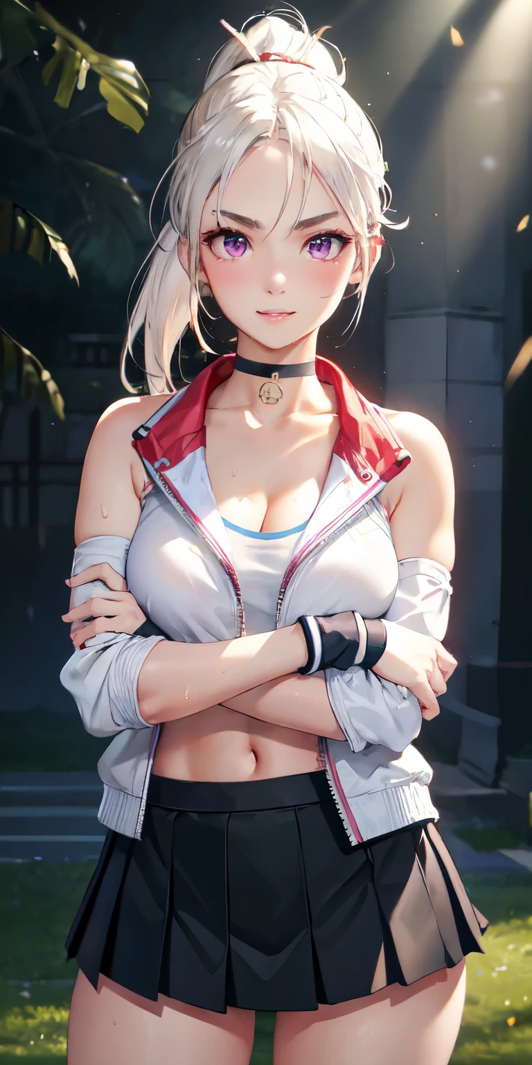 realistic, 1girl, ponytail, parted lips, blush, makeup, light smile, white hair, sportswear, skirt, wet clothes, glow, thighs, purple eye, bare shoulders, collarbone, narrow waist, sunbeam, sunlight, rose, wind, , (masterpiece), sweat, (best quality:1.2),solo,1girl,mdrin,smile,looking at viewer,crossed arms,ponytail,v-shaped eyebrows,white jacket,red shirt,fingerless gloves,black skirt,choker