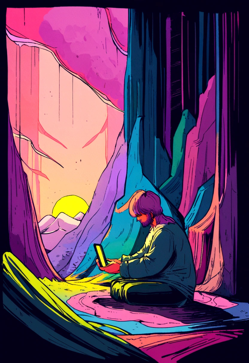 European hippie man meditating in room, dream on, Looking at the smartphone , nightlight, Neon landscape on a rainy Day, retrospective, Flat, 2.5 days ,Draw a line, Large slope, In Studio Ghibli style, Outer tons, Krautrock, lofi art, 70s style,Old textures, amplitude,Psychedelic atmosphere, tmasterpiece, Technically sophisticated,