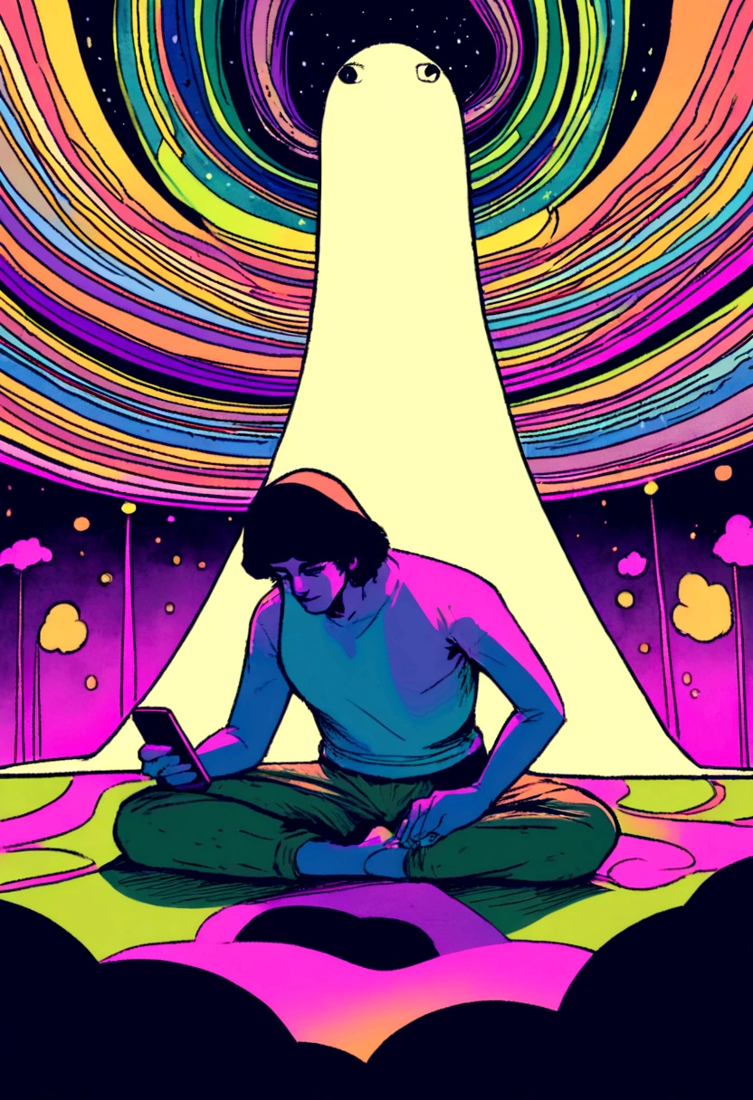 European hippie man meditating in room, dream on, Looking at the smartphone , nightlight, Neon landscape on a rainy Day, retrospective, Flat, 2.5 days ,Draw a line, Large slope, In Studio Ghibli style, Outer tons, Krautrock, lofi art, 70s style,Old textures, amplitude,Psychedelic atmosphere, tmasterpiece, Technically sophisticated,