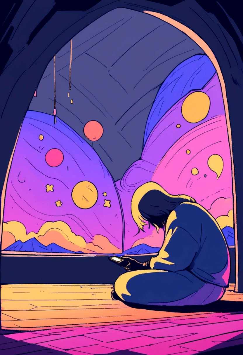 European hippie man meditating in room, dream on, Looking at the smartphone , nightlight， Neon landscape on a rainy Day, retrospective, Flat, 2.5 days ,Draw a line, Large slope, In Studio Ghibli style, Outer tons, Krautrock, lofi art, 70s style,Old textures, amplitude,Psychedelic atmosphere, tmasterpiece, Technically sophisticated,

