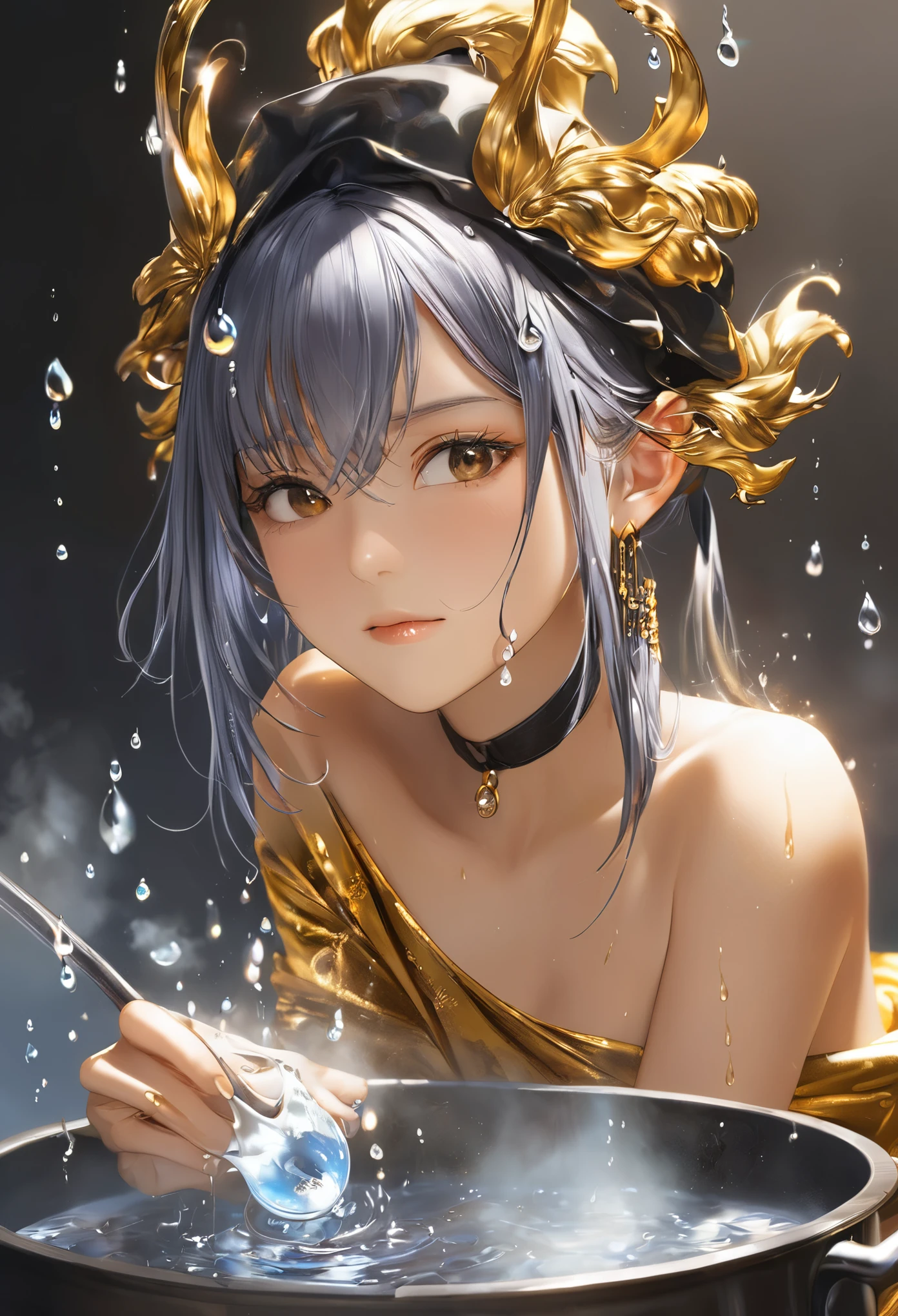 One girl, Female gold spirit, Metal hair, Boiling mercury inside, Put a few drops of mercury on the skin,