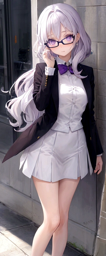 painel anime: girl, fair skin, violet eyes, short wavy white hair, wears glasses, formal clothes.