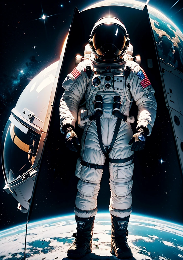 Create a detailed illustration of a standing astronaut, facing forward, suited up in full space gear, including helmet, gloves, and boots, with a backdrop suggestive of outer space.