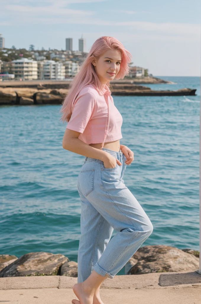 her name is Annie, high quality, 1girl, ((20-year-old fit Caucasian woman)), ((20 years old)), ((fit)), ((pink hair short)), pose: standing, wearing pastel colored unique g gen Z modern wear, BACKGROUND: Grew up along Sydney's stunning harbor, with the Opera House, Bondi Beach's surf, and coastal walks defining daily life.