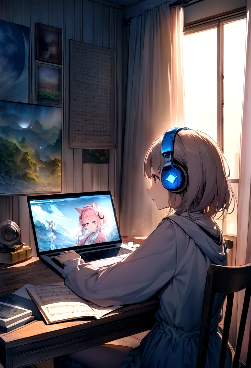 Inside a cozy room, immersed in studying, curtains are partially closed, Soft moonlight creates dancing shadows on the wall. A desk lamp casts a warm light on a desk piled with books., notebook and laptop. the person is sitting comfortably in a chair, Headphones that fit comfortably on your ears, connect her to the sonic world of her chosen music. while she was immersed in her studies、There is a faint smile on the lips, Get inspired by the notes that fill the air. fingers move in a coordinated manner, Laptop keyboard and note page switching, keep up with the rhythm of the music. The sound of music flows in smooth harmony., Create an immersive atmosphere. Each note seems to lift people&#39;s hearts., increase energy and concentration. She gently shook her head to the beat of the music., It&#39;s like being in your own world, I don&#39;t notice external worries. Music acts as a motivating force, Make study time more fun、make it exciting. The chords and lyrics blend into the calm atmosphere of the room.。, people absorb knowledge、Encouraging you to fall in love with the mystery of learning、creating a personal symphony. A scene depicting the unique fusion of solitary study and music, Transform the intimate environment of your bedroom into a learning space, and the music、Fuel your mind and spirit to achieve your academic goals。. HDR,8K,surreal,Beautiful soft light studio,vivid details,anatomical,elegant,sharp focus,studio photography,art station trends,very detailed,polarizing filter 