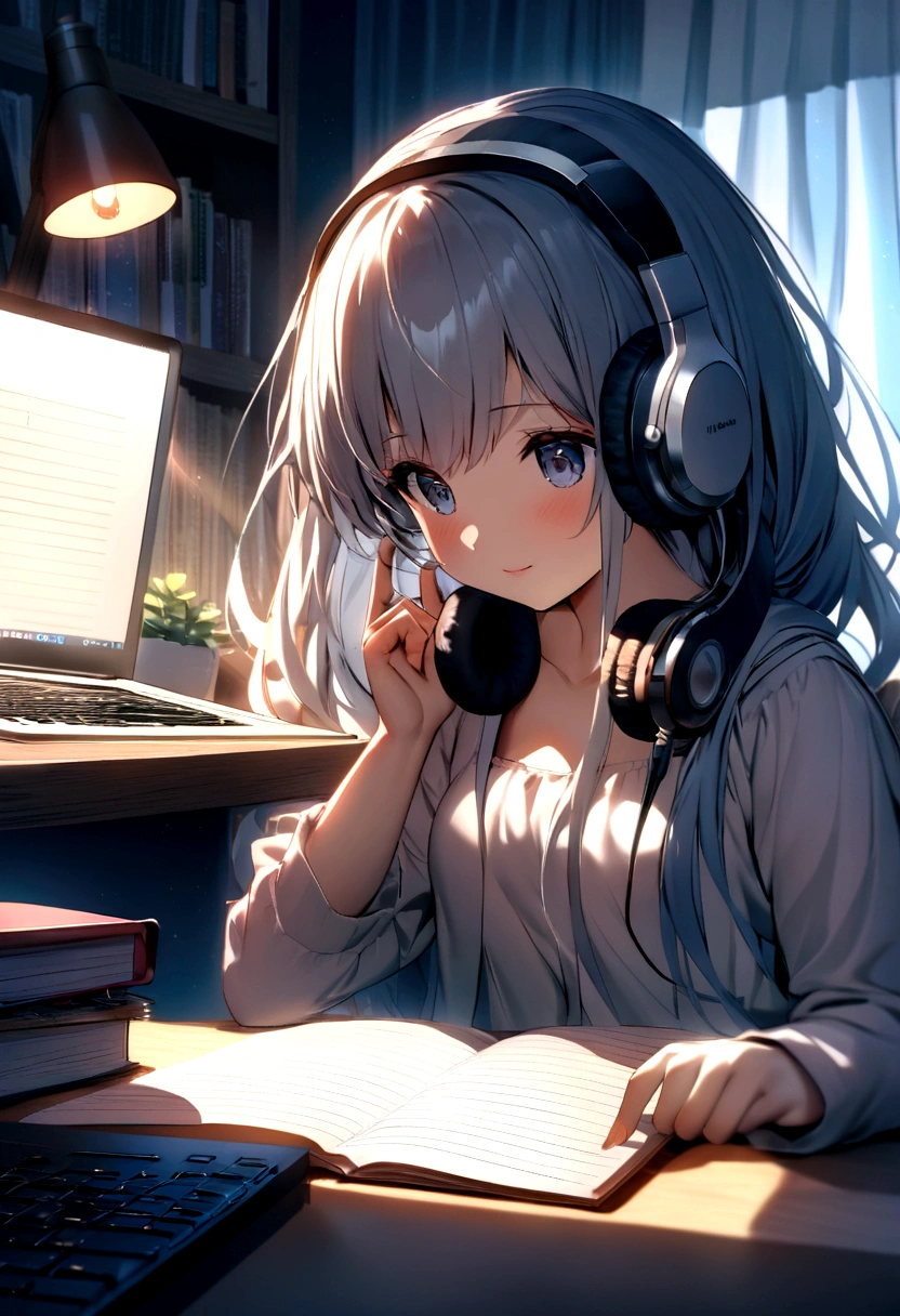 Inside a cozy room, immersed in studying, curtains are partially closed, Soft moonlight creates dancing shadows on the wall. A desk lamp casts a warm light on a desk piled with books., notebook and laptop. the person is sitting comfortably in a chair, Headphones that fit comfortably on your ears, connect her to the sonic world of her chosen music. while she was immersed in her studies、There is a faint smile on the lips, Get inspired by the notes that fill the air. fingers move in a coordinated manner, Laptop keyboard and note page switching, keep up with the rhythm of the music. The sound of music flows in smooth harmony., Create an immersive atmosphere. Each note seems to lift people&#39;s hearts., increase energy and concentration. She gently shook her head to the beat of the music., It&#39;s like being in your own world, I don&#39;t notice external worries. Music acts as a motivating force, Make study time more fun、make it exciting. The chords and lyrics blend into the calm atmosphere of the room.。, people absorb knowledge、Encouraging you to fall in love with the mystery of learning、creating a personal symphony. A scene depicting the unique fusion of solitary study and music, Transform the intimate environment of your bedroom into a learning space, and the music、Fuel your mind and spirit to achieve your academic goals。. HDR,8K,surreal,Beautiful soft light studio,vivid details,anatomical,elegant,sharp focus,studio photography,art station trends,very detailed,polarizing filter 