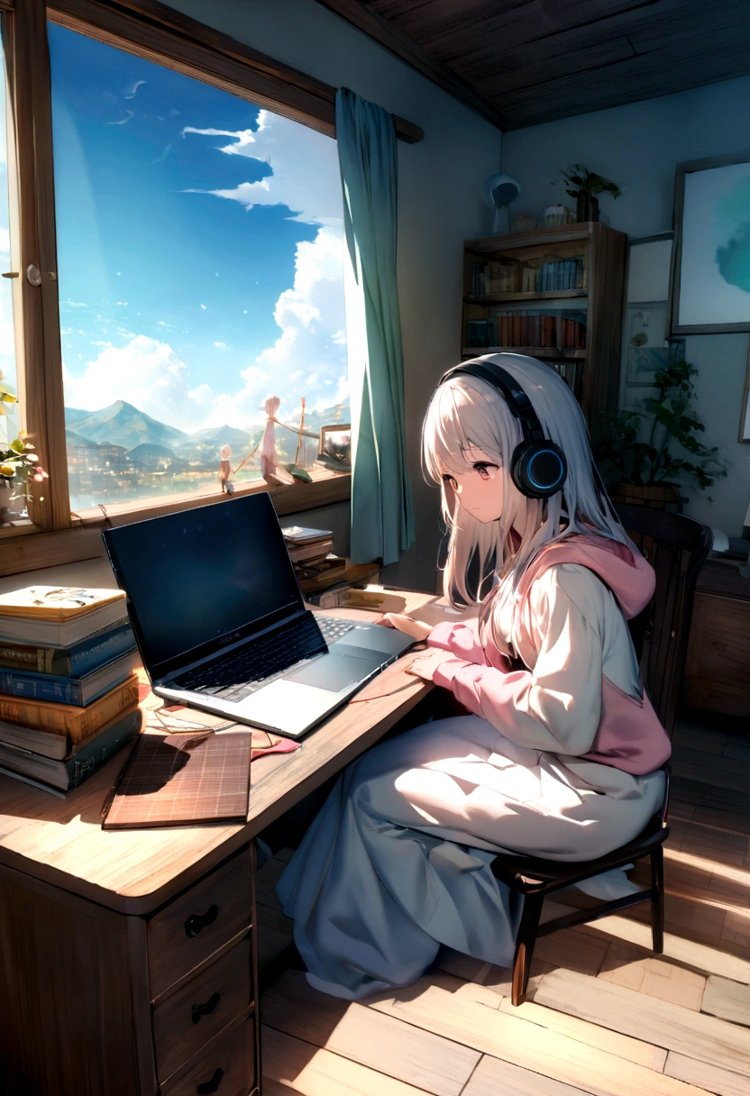 Inside a cozy room, immersed in studying, curtains are partially closed, Soft moonlight creates dancing shadows on the wall. A desk lamp casts a warm light on a desk piled with books., notebook and laptop. the person is sitting comfortably in a chair, Headphones that fit comfortably on your ears, connect her to the sonic world of her chosen music. while she was immersed in her studies、There is a faint smile on the lips, Get inspired by the notes that fill the air. fingers move in a coordinated manner, Laptop keyboard and note page switching, keep up with the rhythm of the music. The sound of music flows in smooth harmony., Create an immersive atmosphere. Each note seems to lift people's hearts., increase energy and concentration. She gently shook her head to the beat of the music., It's like being in your own world, I don't notice external worries. Music acts as a motivating force, Make study time more fun、make it exciting. The chords and lyrics blend into the calm atmosphere of the room.。, people absorb knowledge、Encouraging you to fall in love with the mystery of learning、creating a personal symphony. A scene depicting the unique fusion of solitary study and music, Transform the intimate environment of your bedroom into a learning space, and the music、Fuel your mind and spirit to achieve your academic goals。. HDR,8K,surreal,Beautiful soft light studio,vivid details,anatomical,elegant,sharp focus,studio photography,art station trends,very detailed,polarizing filter