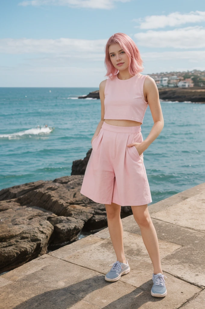 her name is Annie, high quality, 1girl, ((20-year-old fit Caucasian woman)), ((20 years old)), ((fit)), ((pink hair short)), pose: standing, wearing pastel colored unique g gen Z modern wear, BACKGROUND: Grew up along Sydney's stunning harbor, with the Opera House, Bondi Beach's surf, and coastal walks defining daily life.