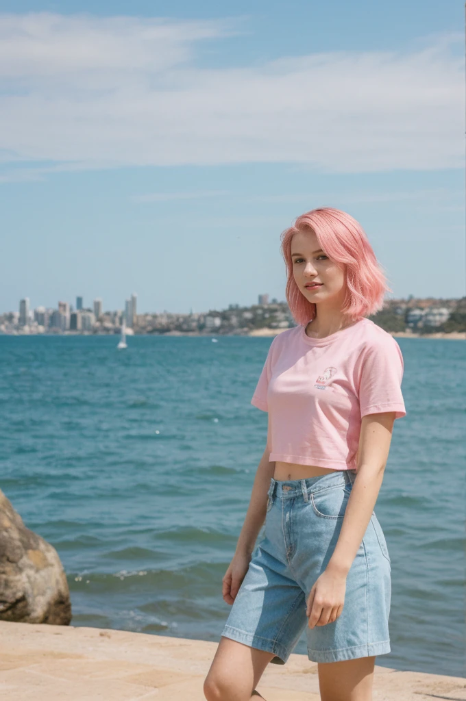 her name is Annie, high quality, 1girl, ((20-year-old fit Caucasian woman)), ((20 years old)), ((fit)), ((pink hair short)), pose: standing, wearing pastel colored unique g gen Z modern wear, BACKGROUND: Grew up along Sydney's stunning harbor, with the Opera House, Bondi Beach's surf, and coastal walks defining daily life.