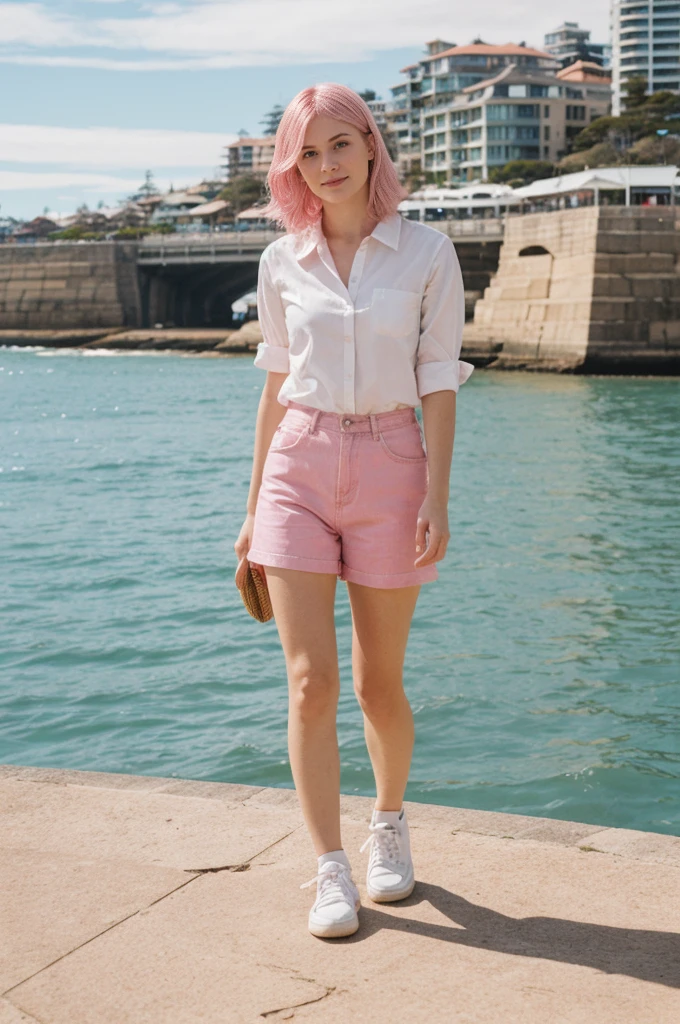 her name is Annie, high quality, 1girl, ((20-year-old fit Caucasian woman)), ((20 years old)), ((fit)), ((pink hair short)), pose: standing, wearing pastel colored unique g gen Z modern wear, BACKGROUND: Grew up along Sydney's stunning harbor, with the Opera House, Bondi Beach's surf, and coastal walks defining daily life.