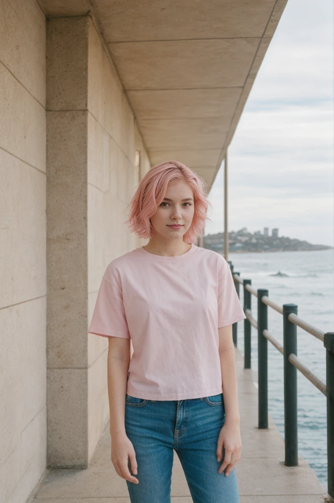 her name is Annie, high quality, 1girl, ((20-year-old fit Caucasian woman)), ((20 years old)), ((fit)), ((pink hair short)), pose: standing, wearing pastel colored unique g gen Z modern wear, BACKGROUND: Grew up along Sydney's stunning harbor, with the Opera House, Bondi Beach's surf, and coastal walks defining daily life.