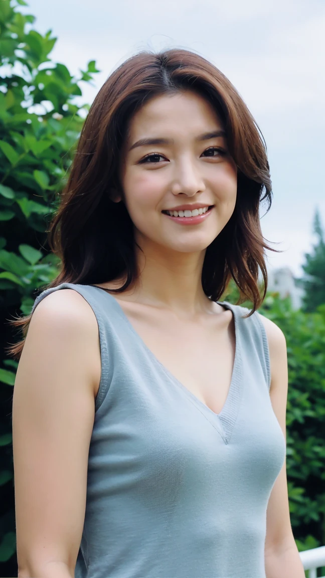 ((Highest quality、8K、masterpiece:1.3))、Realistic, Sharp focus, High resolution, High resolution,Portraiture, One person、Japanese、woman, beautiful woman, (((V-neck sleeveless casual dress)))、30 years old, Glamorous figure, Medium Long Hair,smile