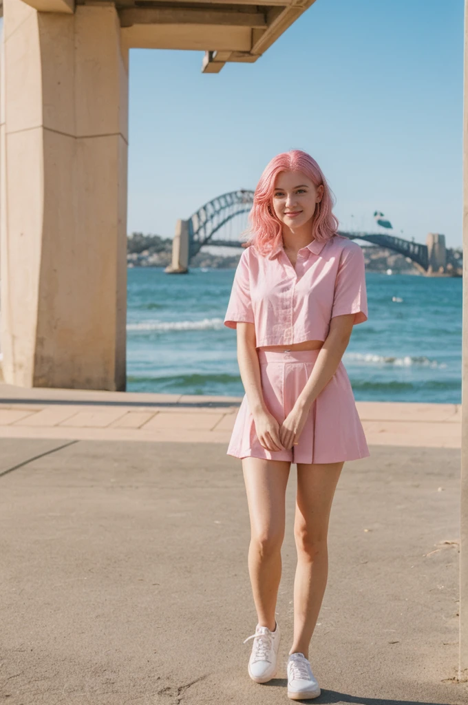 her name is Annie, high quality, 1girl, ((20-year-old fit Caucasian woman)), ((20 years old)), ((fit)), ((pink hair short)), pose: standing, wearing pastel colored unique g gen Z modern wear, BACKGROUND: Grew up along Sydney's stunning harbor, with the Opera House, Bondi Beach's surf, and coastal walks defining daily life.