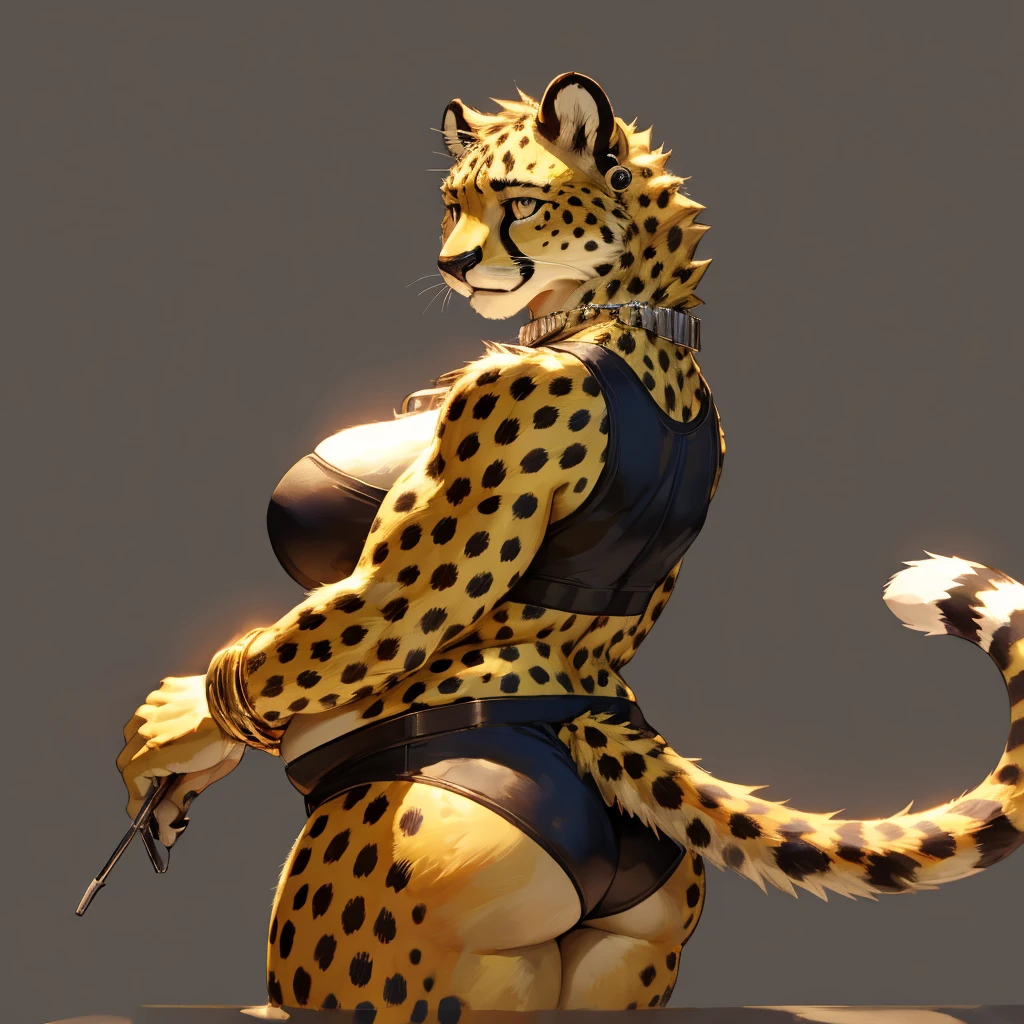 Solo, female, fat, cheetah, golden yellow, golden yellow cheetah, cheetah in underwear, black underwear, cheetah ears, from back, back view, posing, with long tail, tail, cheetah tail, cheetah, cheetah tail, anatomy, good anatomy, fat anatomy, fat female anatomy, fat body, ((focus body, furry focus, shadows focus, body shadows)) fat body, standing, posing, model, light, shades, 4k, high quality (((gray background, gray wallpaper, one color))), by darkgem, by mystikfox61, Female cheetah, fat, fat belly, fat thighs, fat arms, lovehandles, big breasts, silver eyes, golden yellow fur, black cheetah markings, silver earrings, silver bracelets, silver rings, silver necklaces