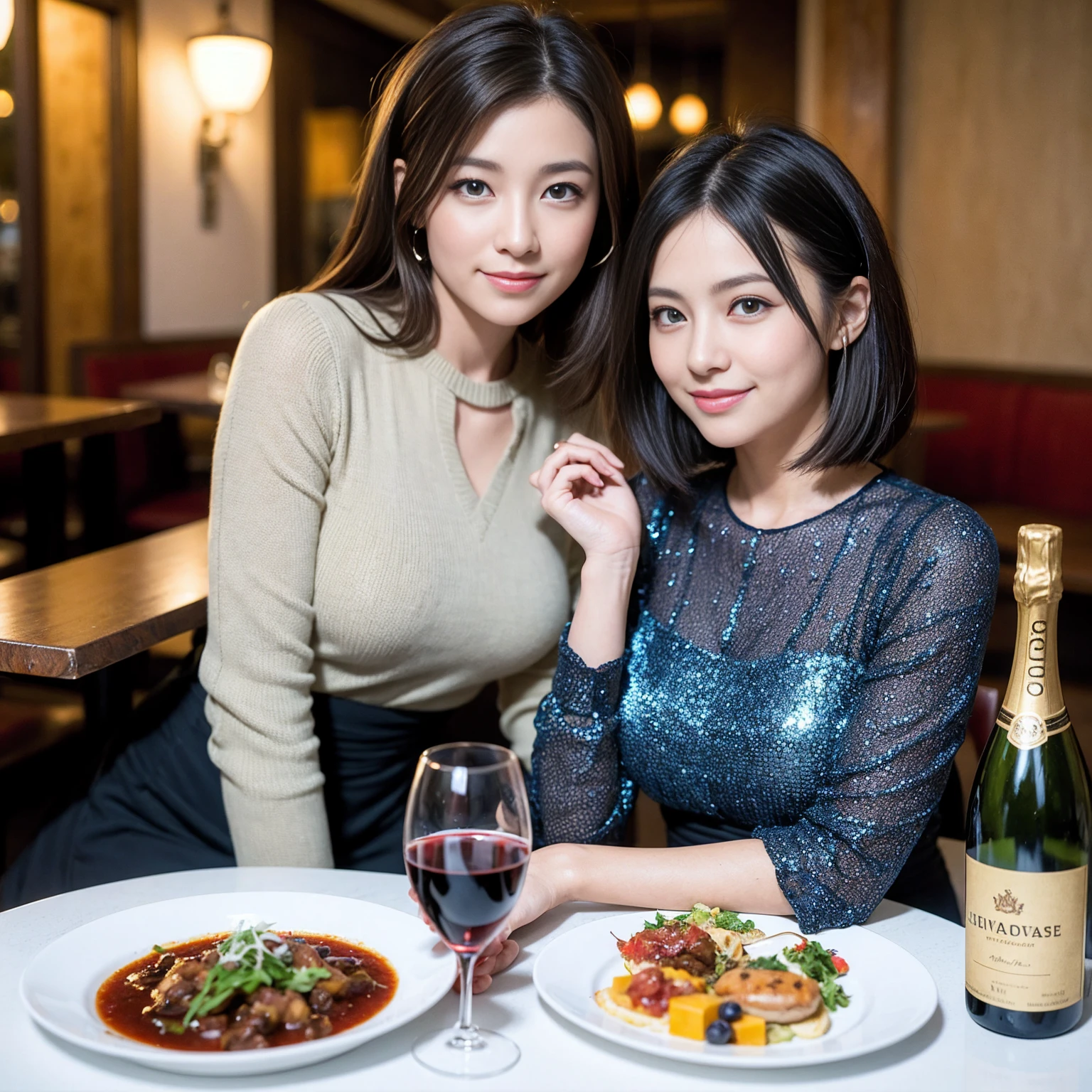 ((Highest quality、8K、masterpiece:1.3))、Yuuko Araki、slimカップル、Pink rubber、modelカップル、(Realistic, Intricate details:1.2), full-course dinner、Wine Party、Amazing view of the sunset sky and clouds、A bright smile、The wonderfulness of smile、Bright image、The beauty of wine, Beautiful Face, blue eyes, The light shines on your face, Blushing, short hair,Bright Face、42 years old), 39 years old, red wine 、Appetizers、Italian food、Wine bottle、Champagne、sparkling wine、Two beauties、Brown Hair、Shortcuts、Long sleeve shirt、dress、Beautiful woman 1, (slimな顔), (The body is slim), (Brown Hair), (Shortcuts), cheeks turn a little red,Attractive beauty、restaurant, In a prominent place (From the waist up) Nova Frog Style, actress, model, Upper Body, White wine, slim, wine glass, 中央に置かれたwine glass, smile, (smile: 1.15), Beautiful fine grain, Depth f/2,saturation, High Contrast, Strong light and shadow,Moist Body:1.5、3D texture、Delicate eyes、Brown Hair、The hair is very shiny、