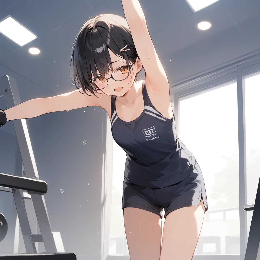 score_9, score_8_up, score_7_up, source_anime, best quality, masterpiece, official art, absurdres, highres, ultra-detailed,waifu2x,Collection: Slice of Life,break,1girl, very short hair,pixie cut, long bangs, glasses, uniform, small breasts, sweat, open mouth, (wavy mouth:0.3), indoors, gym, stretching, summer, break,(clear line illustration:1.2),very high resolution, very aesthetic, super detailed skin, Best sexual lighting powered by famous artist, 8k,cute picture,beauty illustration,photoshop_(medium),,(Detailed Lighting),best anime 8k konachan wallpaper, pixiv contest winner, 