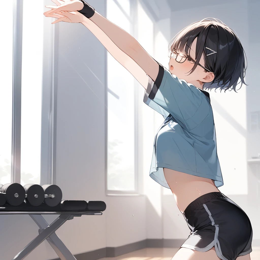 score_9, score_8_up, score_7_up, source_anime, best quality, masterpiece, official art, absurdres, highres, ultra-detailed,waifu2x,Collection: Slice of Life,break,1girl, very short hair,pixie cut, long bangs, glasses, uniform, small breasts, sweat, open mouth, (wavy mouth:0.3), indoors, gym, stretching, summer, break,(clear line illustration:1.2),very high resolution, very aesthetic, super detailed skin, Best sexual lighting powered by famous artist, 8k,cute picture,beauty illustration,photoshop_(medium),,(Detailed Lighting),best anime 8k konachan wallpaper, pixiv contest winner,