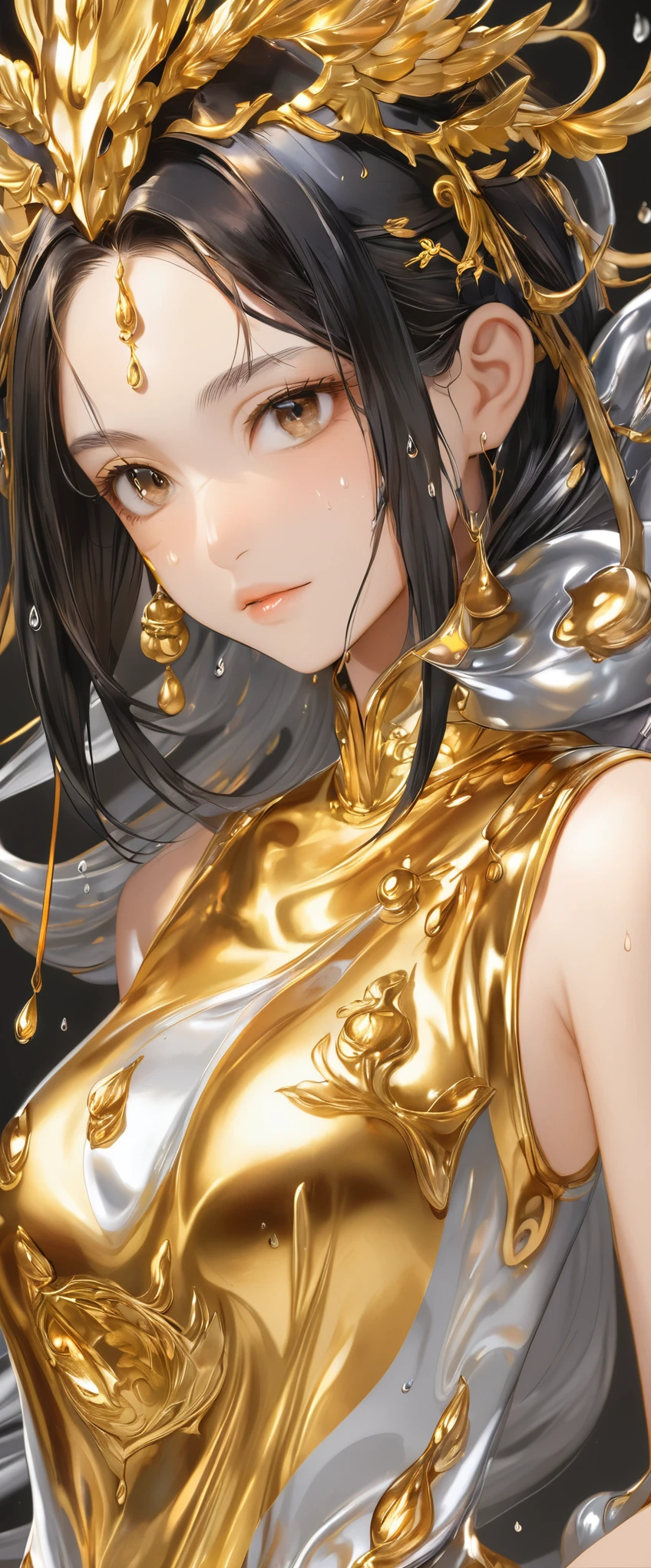 One girl, Female gold spirit, Metal hair, Boiling mercury inside, Put a few drops of mercury on the skin,