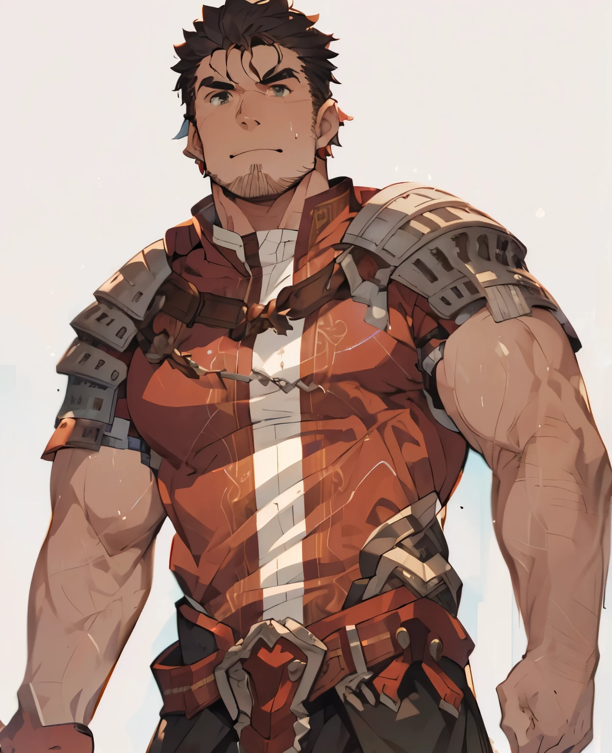Large medieval kingdom in the background, old mature muscular male, black hair, very short hair, undercut hairstyle, undercut hair, undercut, ((black beard))), ((((stubble:1.0))), goatee, green eyes, bright eyes, 48 years old, bara, muscular male, tall, large shoulders, large chest, huge arms, (large waist:1.0), athlete, bare biceps, Abs, chest, medieval armor, light armor, black armor, Mystical armor, Golden details on the armor, red details on the armor, elsword style armor, granblue fantasy style armor, red cloak, cloak over the shoulders, ((arms exposed:1.0)), Neutral face, cowboy shot, high resolution:1.2, best quality, master part, daylight, Reflection of lens, upper body shot, looking front