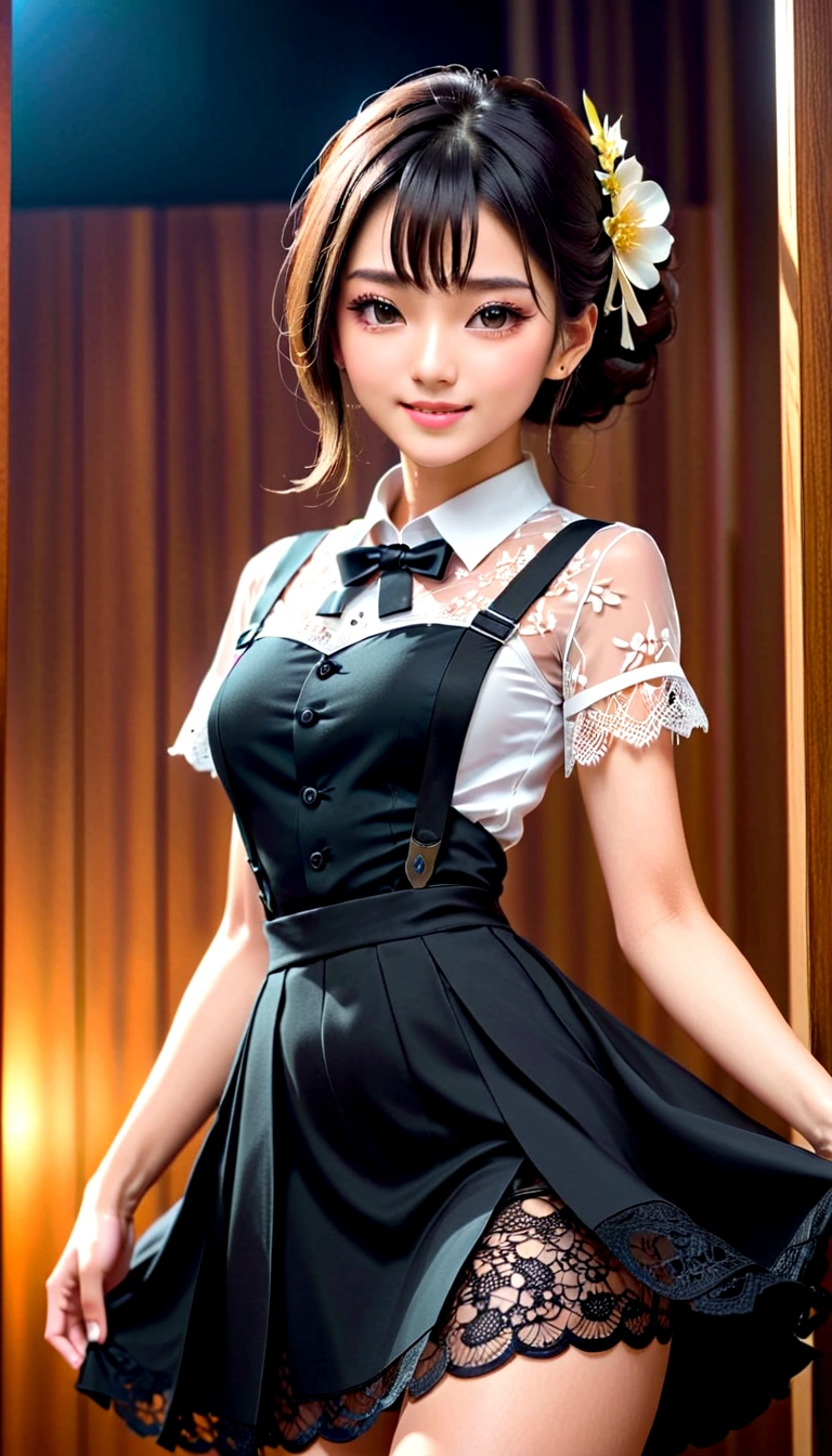 (Top quality, 8K, masterpiece: 1.3)), 1 Girl, Japanese woman, goddess, , Portrait Photography, High contrast, Divine Perspective, Aperture F1.2, Focal length 24mm, (whole body: 1.2), Smile, Photo poses, detailed lace, Suspender Skirt, Simple cutting dress, Brand clothing, Simple cutting, Black long hair, tie hair, Extremely detailed skin details, Fine fabric texture