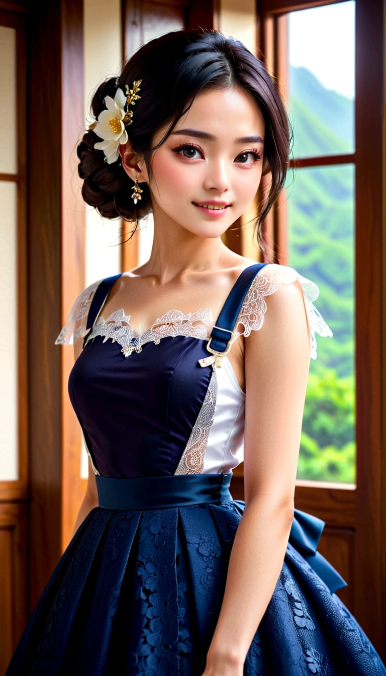 (Top quality, 8K, masterpiece: 1.3)), 1 Girl, Japanese woman, goddess, 15 years old, Portrait Photography, High contrast, Divine Perspective, Aperture F1.2, Focal length 24mm, (whole body: 1.2), Smile, Photo poses, detailed lace, Suspender Skirt, Simple cutting dress, Brand clothing, Simple cutting, Black long hair, tie hair, Extremely detailed skin details, Fine fabric texture
