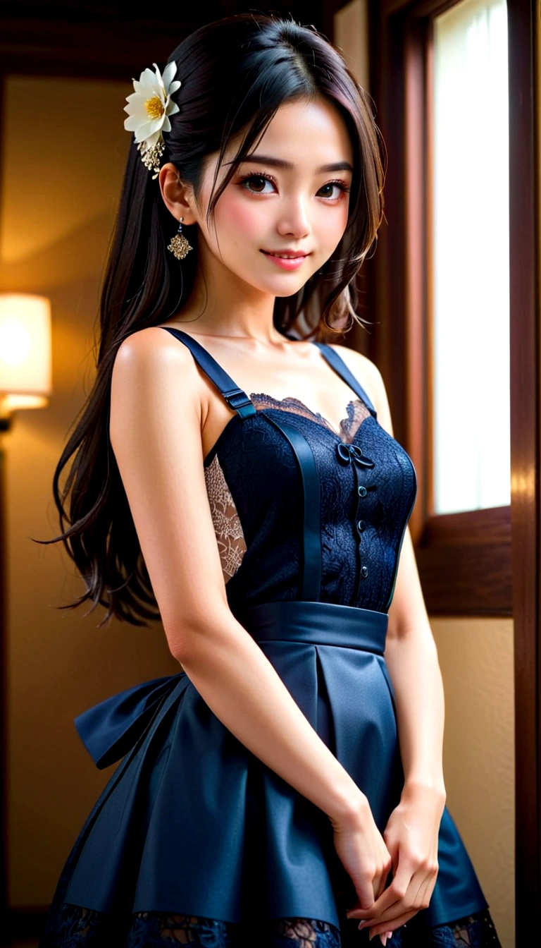 (Top quality, 8K, masterpiece: 1.3)), 1 Girl, Japanese woman, goddess, 15 years old, Portrait Photography, High contrast, Divine Perspective, Aperture F1.2, Focal length 24mm, (whole body: 1.2), Smile, Photo poses, detailed lace, Suspender Skirt, Simple cutting dress, Brand clothing, Simple cutting, Black long hair, tie hair, Extremely detailed skin details, Fine fabric texture