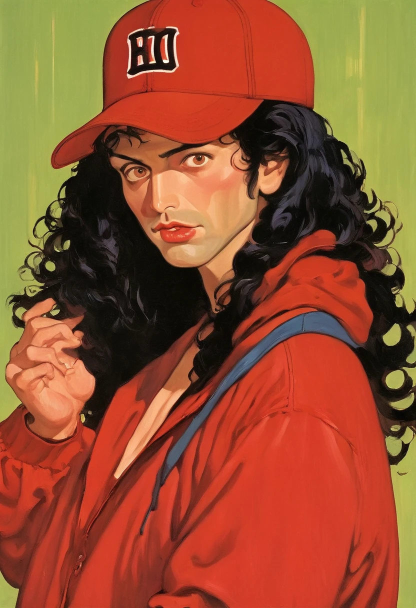(masterpiece), best quality, expressive eyes, perfect face, a man get transformed into a MILF, solo, surpriced, blushed, black hair, long hair, red baseball cap, brown eyes, (full body), tight clothes, , chubby, big . black shirt, red hoodie, ecchi, nsfw