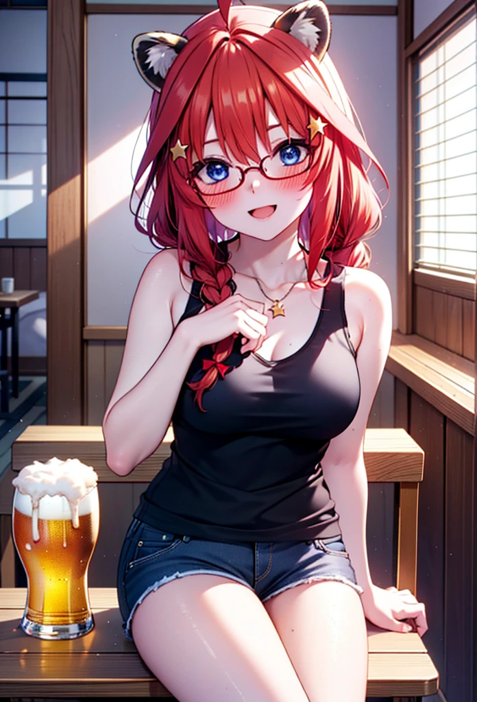 Satsuki Nakano, itsuki nakano, bangs, blue eyes, Hair between the eyes, Ahoge, Redhead, Long braids,Red-rimmed glasses,star \(symbol\), hair ornaments, smile,blush,star hair ornaments,Animal ears　 Raccoon Ears,raccoon tail,happy smile, smile, Open your mouth,blush,Drunk,White Hat,Red Tank Top,Shorts,Sandals,Beer and food on the table,Sitting in a chair,
break indoors, Izakaya,
break looking at viewer, (Cowboy Shot:1.5),
break (masterpiece:1.2), Highest quality, High resolution, unity 8k wallpaper, (figure:0.8), (Beautiful attention to detail:1.6), Highly detailed face, Perfect lighting, Highly detailed CG, (Perfect hands, Perfect Anatomy),