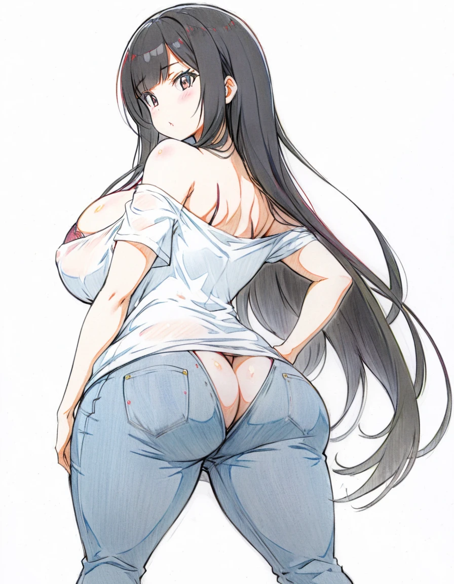 1woman,solo,milf,mature female,medium long hair,black hair,asymmetrical bangs,black eyes,plump,large breasts, oversized_white_t-shirt,(red_bra_under_shirt:0.6),bra_visible_through_clothes,skin-tight_denim-pants,standing,leaning_forword,bare_one_shoulder,looking_back,back,from_behind,from_below,close_up,