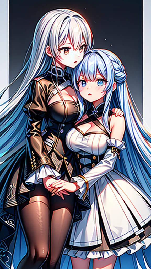 1girl, 1 girl kissing another long white-haired girl, 2 beautiful anime style girls, Azur Lane, Azur Lane characters, best anime 4k konachan wallpaper, Azur Lane style, from Girls' Frontline, Girls' Frontline style, highly detailed, intricate details, masterpiece, photorealistic, sharp focus, studio lighting, ultra-detailed, vibrant colors