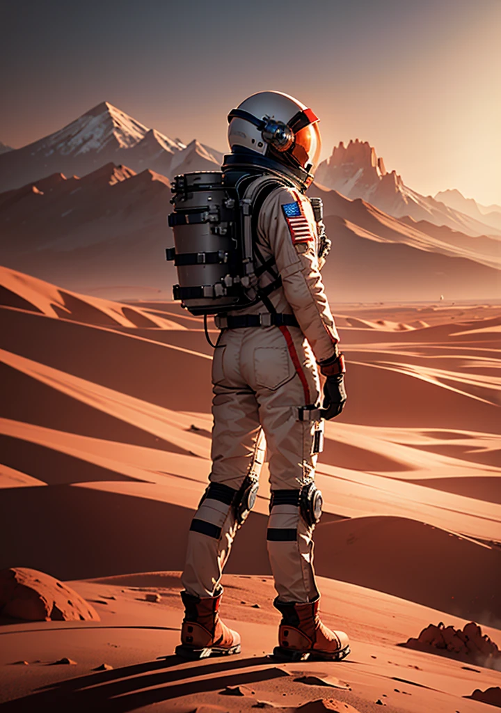 Create a detailed illustration of a standing astronaut, facing forward, in full space gear, including helmet, gloves, and boots. The background should depict the Martian landscape with red rocky terrain, dust, and distant mountains.