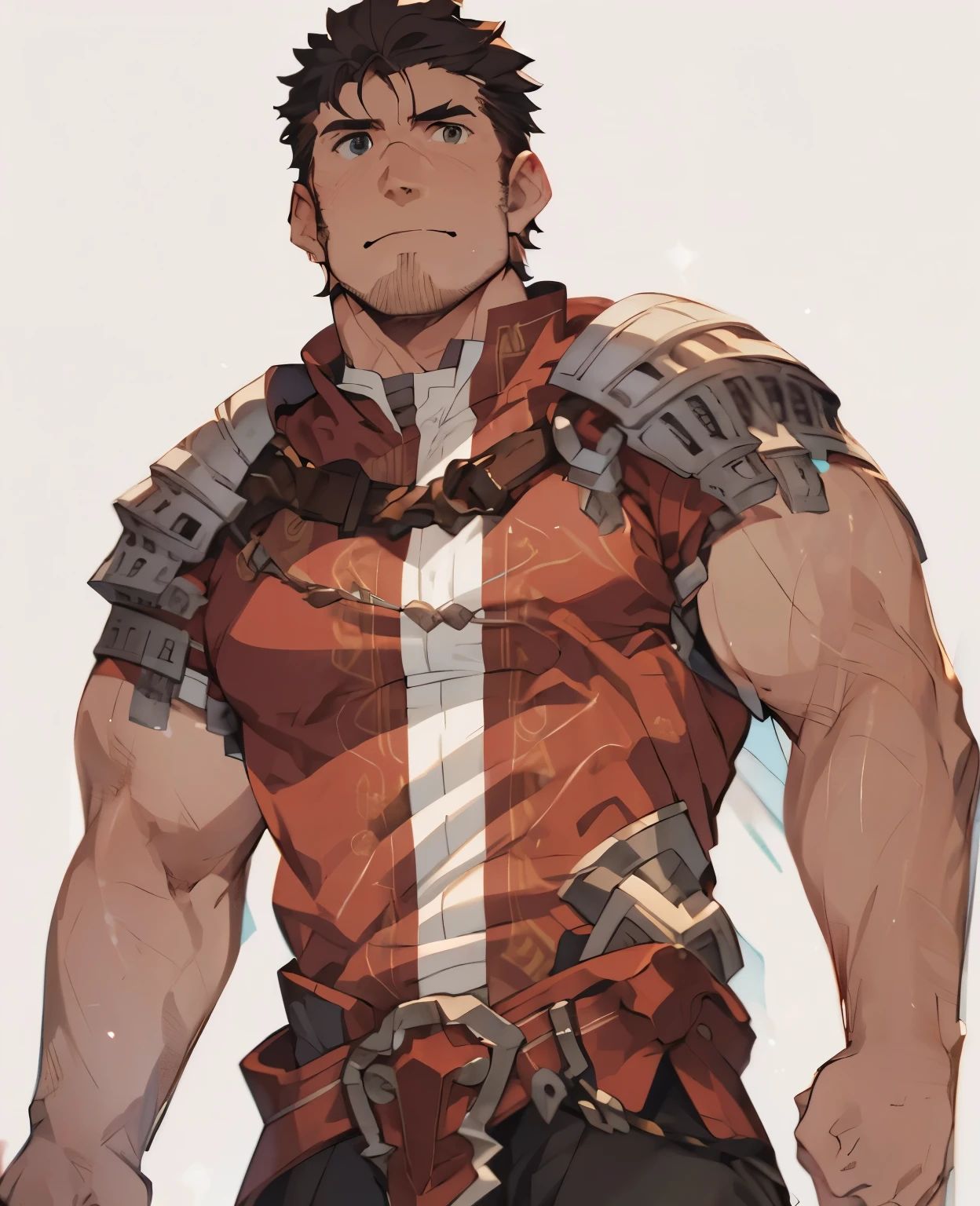Large medieval kingdom in the background, old mature muscular male, black hair, very short hair, undercut hairstyle, undercut hair, undercut, ((black beard))), ((((stubble:1.0))), goatee, green eyes, bright eyes, 48 years old, bara, muscular male, tall, large shoulders, large chest, huge arms, (large waist:1.0), athlete, bare biceps, Abs, chest, medieval armor, light armor, black armor, Mystical armor, Golden details on the armor, red details on the armor, elsword style armor, granblue fantasy style armor, red cloak, cloak over the shoulders, ((arms exposed:1.0)), Neutral face, cowboy shot, high resolution:1.2, best quality, master part, daylight, Reflection of lens, upper body shot, looking front