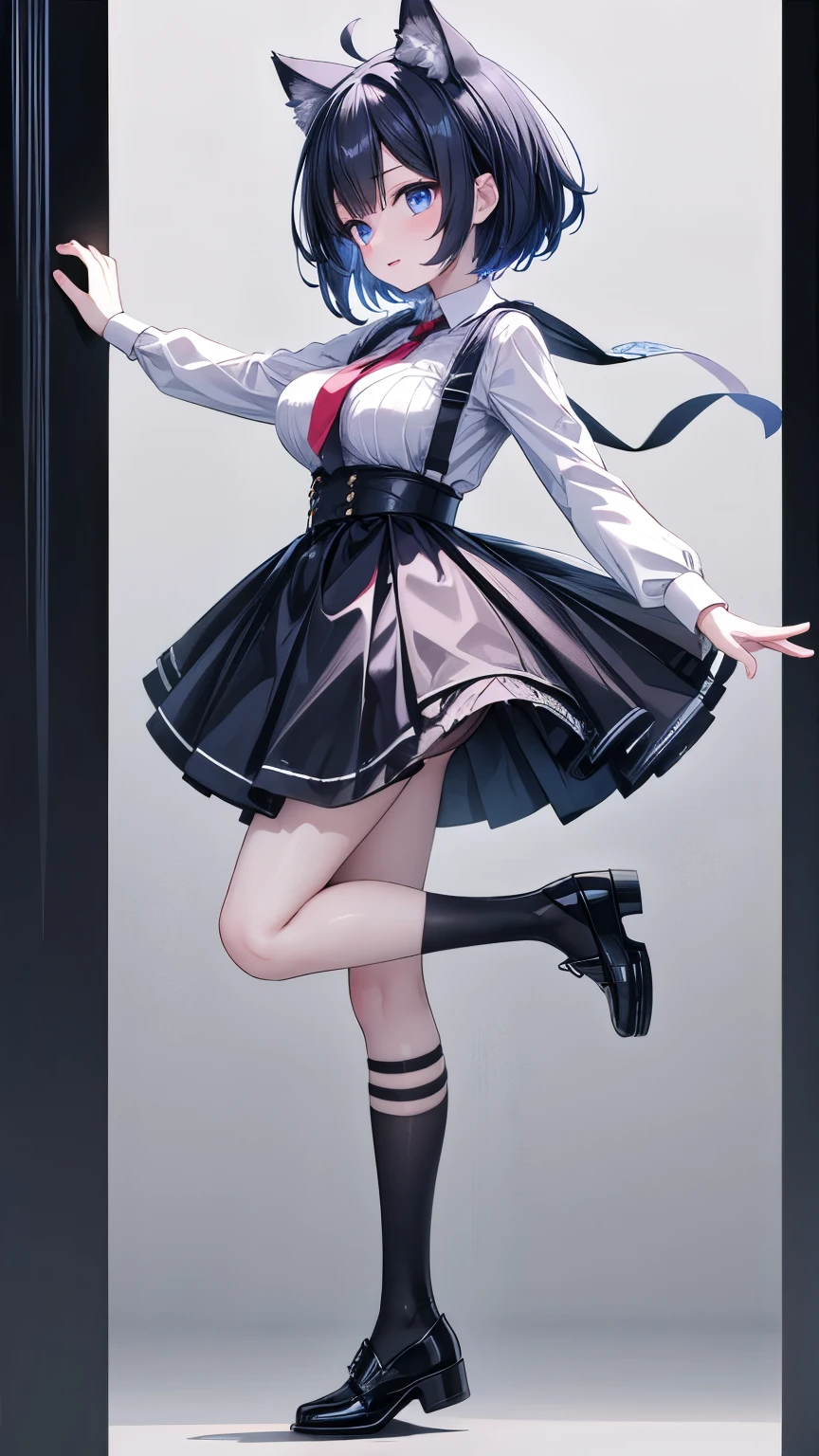 ((upright)), ((Swing your arms to the side)), Looking at the audience, Simple Background、White Background, 1 girl, Open your mouth, smile, Virtual YouTuber、With a girl、((Highest quality, expensive_solve, clear_image)),(Black Hair), (Black cat ears), (Ahoge), (Ridiculously short hair), (Wavy Hair),Red earring color (blue eyes),、Laughter、Very large breasts、whole body、I can see her cleavage、(wearing shoes on feet), (is wearing like the police dress shirt),((Suspender belts)),black necktie,holster,Pocket to hold a gun,((good girl)), detailed and beautiful eyes man, good looking,((an extremely delicate and beautiful)),make the eyes the same shape and color on both sides,Character Sheet,Character Reference Sheet, ((View from the front, Side view)) Symmetrical elements in clothing,