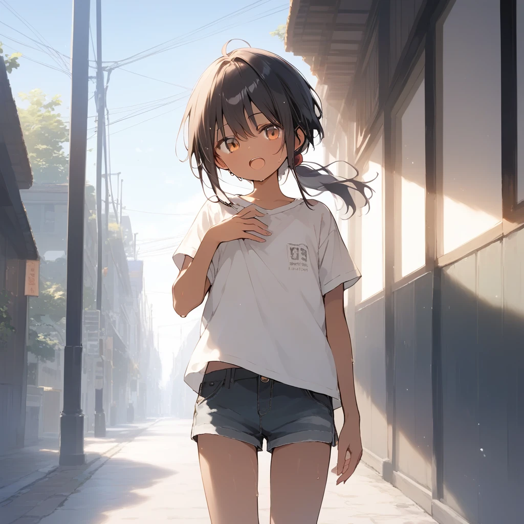 score_9, score_8_up, score_7_up, source_anime, best quality, masterpiece, official art, absurdres, highres, ultra-detailed,waifu2x,Collection: Slice of Life,break,1girl, tomboy, dark-skinned female, short hair, low ponytail, flat chest, beautiful detailed eyes, short shorts, sweat, open mouth, (yawn:0.3), sleepily, outdoors, wind, break,(clear line illustration:1.2),very high resolution, very aesthetic, super detailed skin, Best sexual lighting powered by famous artist, 8k,cute picture,beauty illustration,photoshop_(medium),,(Detailed Lighting),best anime 8k konachan wallpaper, pixiv contest winner,