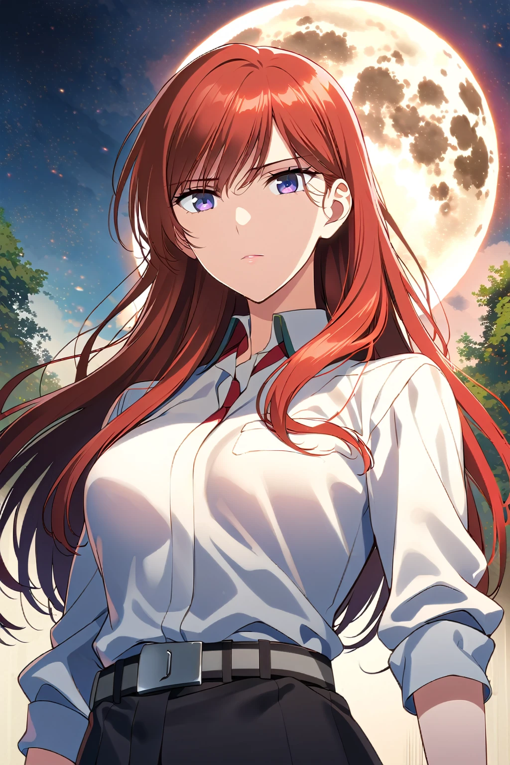 (Ultra-detailed illustrations:1.2),Standing in front of a full moon、Anime girl with long red hair and white shirt, kurisu makise steins gate anime, kurisu makise, Female Anime Characters, Female Action Anime Girl, Misato Katsuragi, Portrait of a female anime hero, Inspired by Ryusei Kishida, makise kurisu