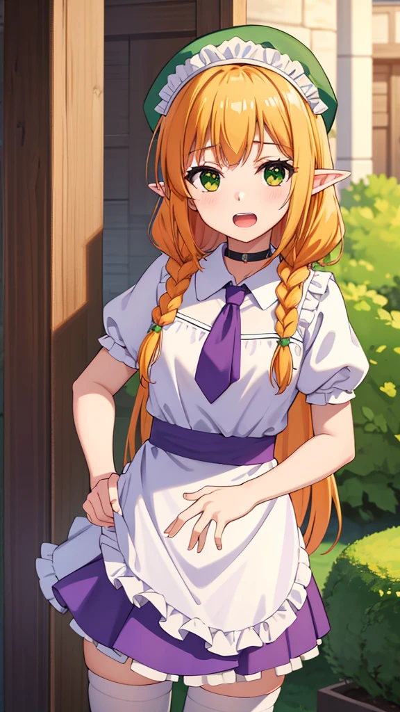 masterpiece, best quality, highres, purple dress, frills, long hair, blonde hair, black choker, green eyes, headdress, elf ears, apron, white thighhighs, green coat, green hat, orange hair, twin braids, purple skirt, brown eyes, purple tie, happy, open mouth, cowboy shot, Forrest