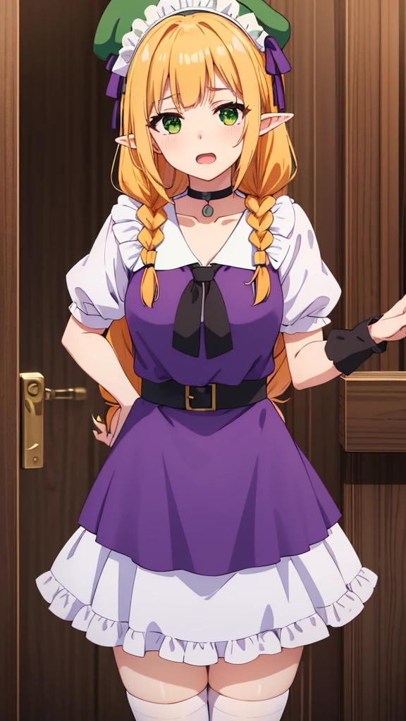 masterpiece, best quality, highres, purple dress, frills, long hair, blonde hair, black choker, green eyes, headdress, elf ears, apron, white thighhighs, green coat, green hat, orange hair, twin braids, purple skirt, brown eyes, purple tie, happy, open mouth, cowboy shot, Forrest