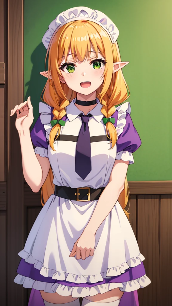 masterpiece, best quality, highres, purple dress, frills, long hair, blonde hair, black choker, green eyes, headdress, elf ears, apron, white thighhighs, green coat, green hat, orange hair, twin braids, purple skirt, brown eyes, purple tie, happy, open mouth, cowboy shot, Forrest