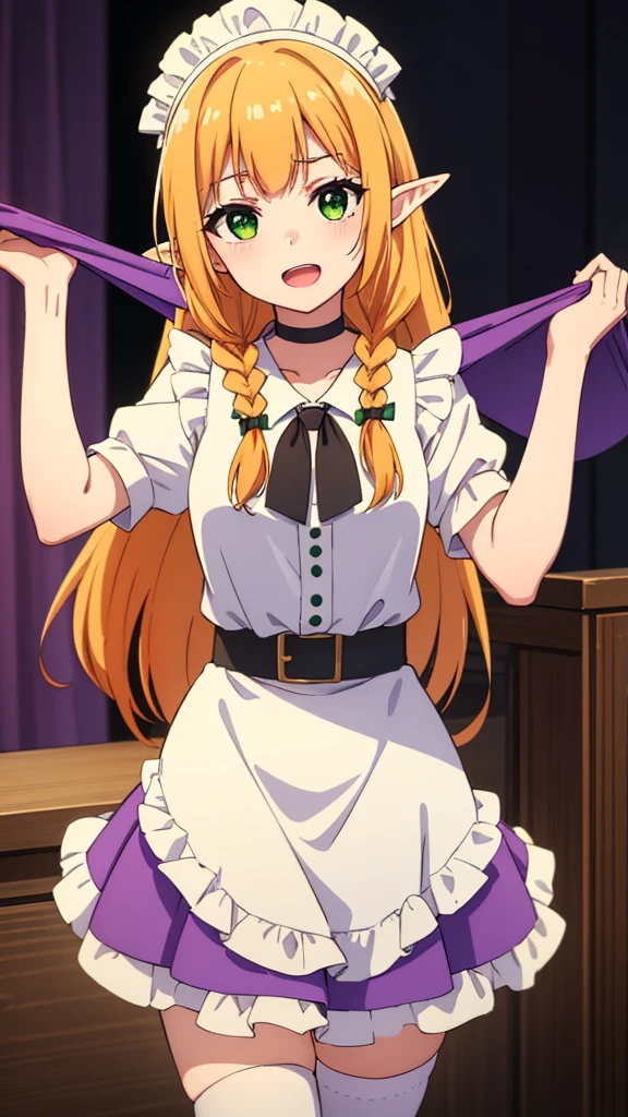 masterpiece, best quality, highres, purple dress, frills, long hair, blonde hair, black choker, green eyes, headdress, elf ears, apron, white thighhighs, green coat, green hat, orange hair, twin braids, purple skirt, brown eyes, purple tie, happy, open mouth, cowboy shot, Forrest