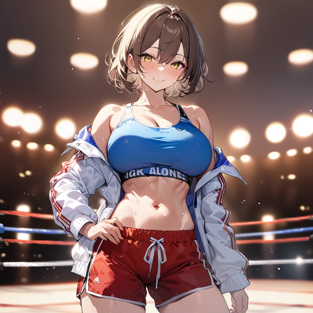 A woman wearing a short blue shirt, sporty abdomen, defined abdomen, exposed shoulder, large breasts, wearing a long white leather jacket with blue details, a hooded jacket, wearing large boxer shorts, red shorts with a white stripe, boxing belt, wearing big red boxer glove, smiling, brown hair, short hair, yellow eyes, in a boxer ring, lighting place, sweaty mess, standing posture,UHD , prime work , accurate , anatomically correct , textured skin , super details , high quality , best quality, 8k, high resolution, bokeh effect. (woman alone)
