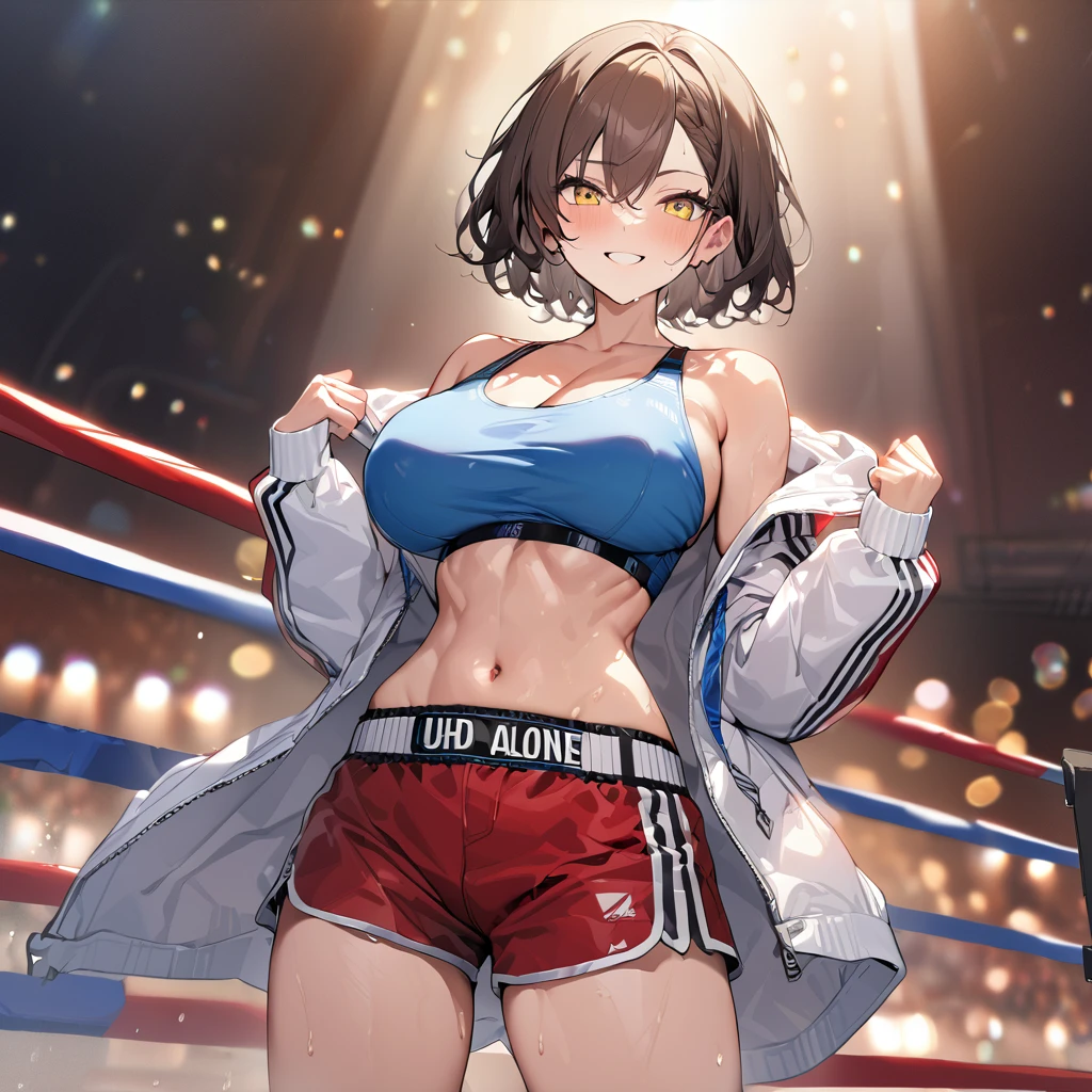 A woman wearing a short blue shirt, sporty abdomen, defined abdomen, exposed shoulder, large breasts, wearing a long white leather jacket with blue details, a hooded jacket, wearing large boxer shorts, red shorts with a white stripe, boxing belt, wearing big red boxer glove, smiling, brown hair, short hair, yellow eyes, in a boxer ring, lighting place, sweaty mess, standing posture,UHD , prime work , accurate , anatomically correct , textured skin , super details , high quality , best quality, 8k, high resolution, bokeh effect. (woman alone)
