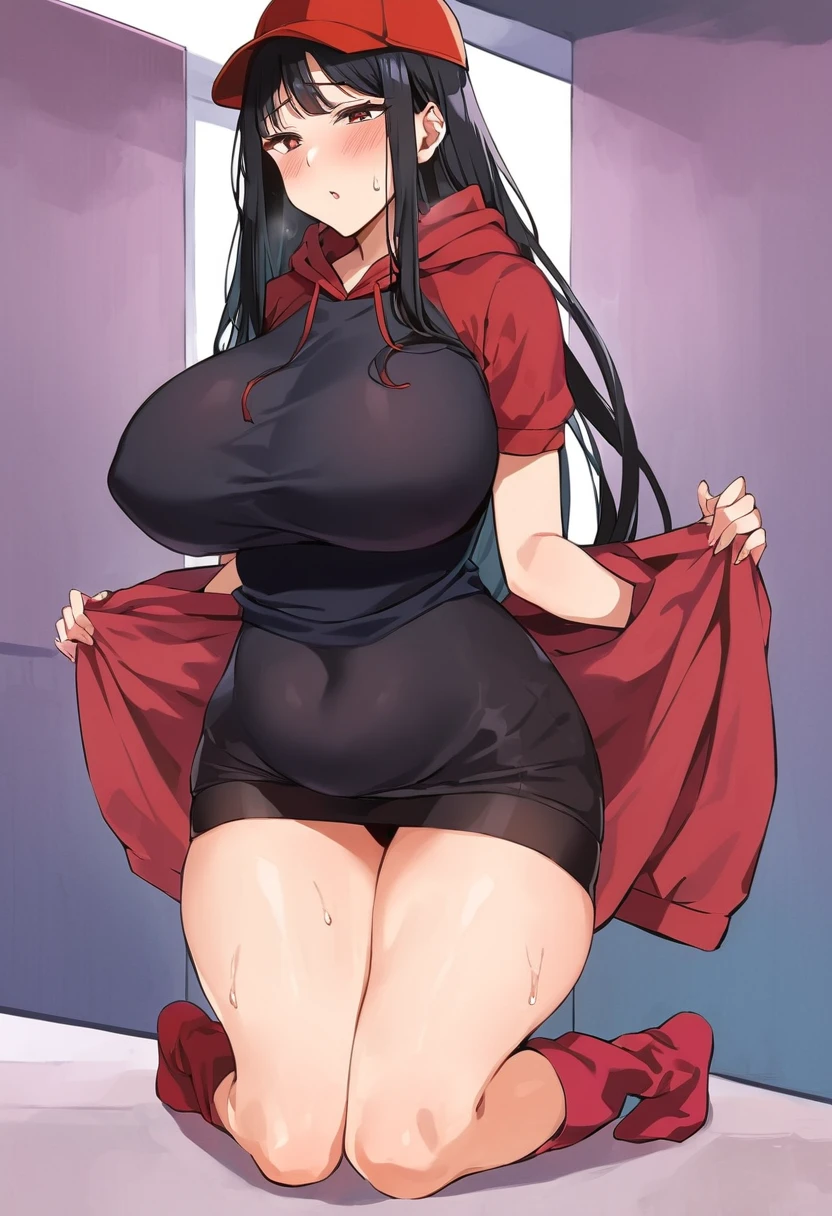 (masterpiece), best quality, expressive eyes, perfect face, a man get transformed into a MILF, solo, surpriced, blushed, black hair, long hair, red baseball cap, brown eyes, (full body), tight clothes, chubby, big  . black shirt, red hoodie, ecchi, nsfw