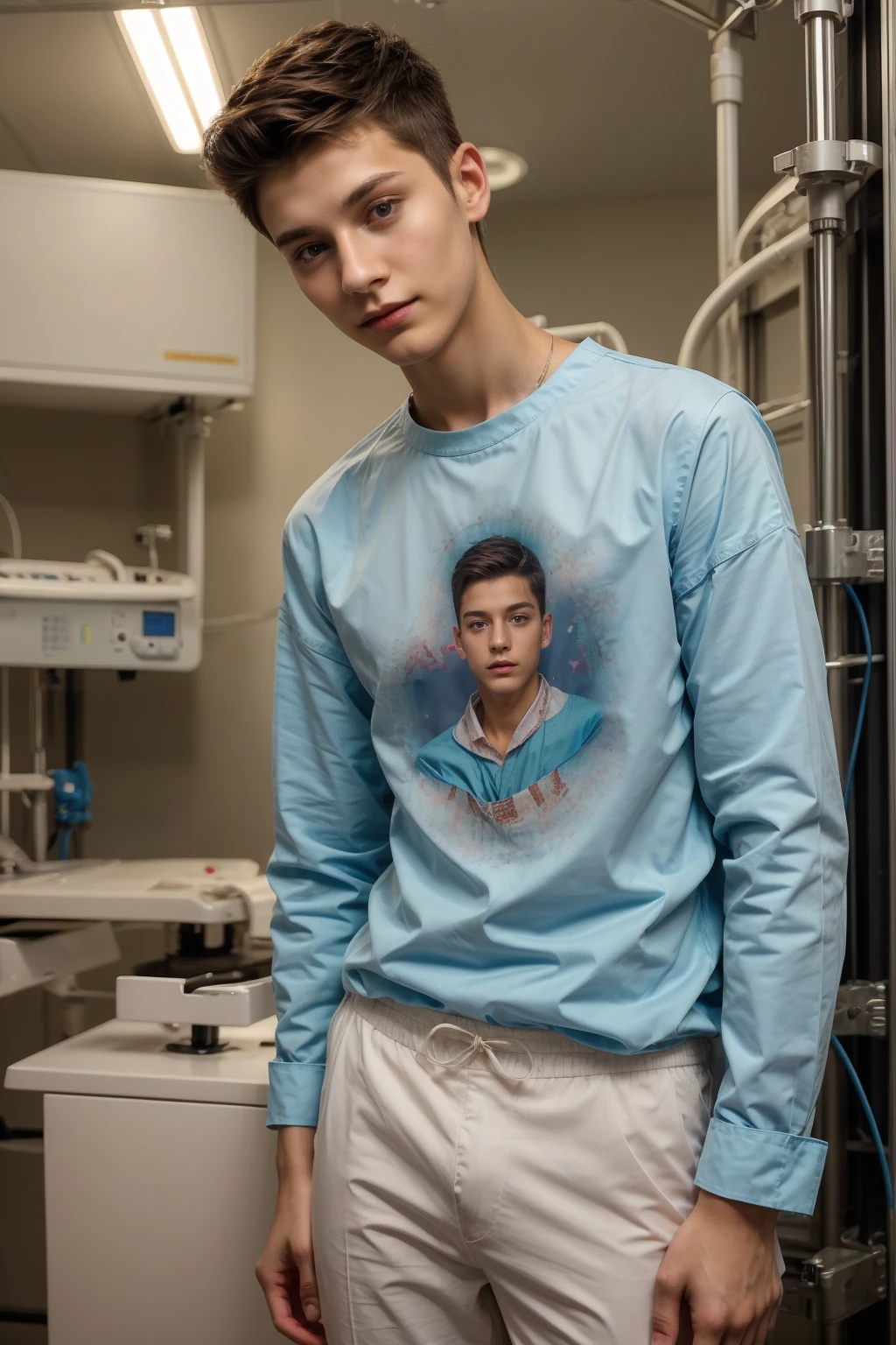 A beautiful young male twink with a face with reddish makeup. He has black hair. He is wearing a long-sleeved, white, printed shirt and aqua blue pants. He is in the surgical operating room, with medical equipment and medical instruments behind him, and behind him, he looks proudly.