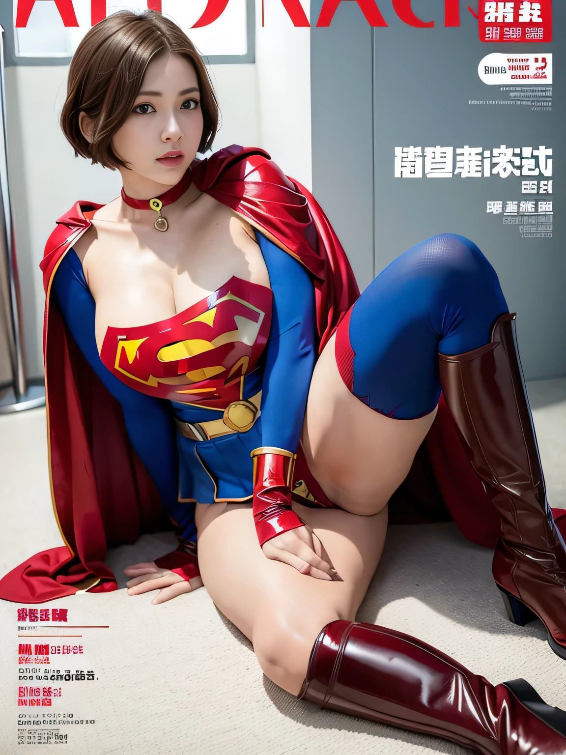 masterpiece、Enamel Supergirl Costume、short hair、Patent leather boots、Big and ample breasts、looking at the camera、choker、Long sleeve、Off the shoulder、mini skirt、Red cloak、Sweaty skin、Hospital room、Photo magazine cover、Leg spread、