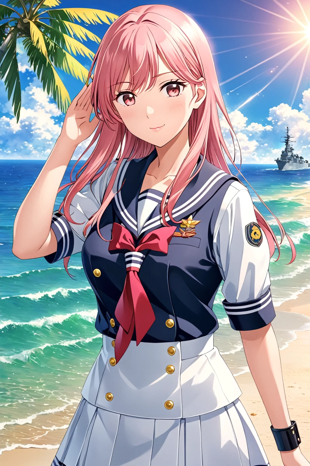 (Ultra-detailed illustrations:1.2),salute,Anime Girls in sailor outfit standing on beach with sun shining, Kantai Collection Style, Cute girl anime visuals, Beautiful anime school girl, junko enoshima, Smooth anime CG art, maAlso kitagawa fanart, Official Artwork, attractive Anime Girls, (Anime Girls), Also, Official Art, Fine Details Anime Best Girl, portrait Anime Girls