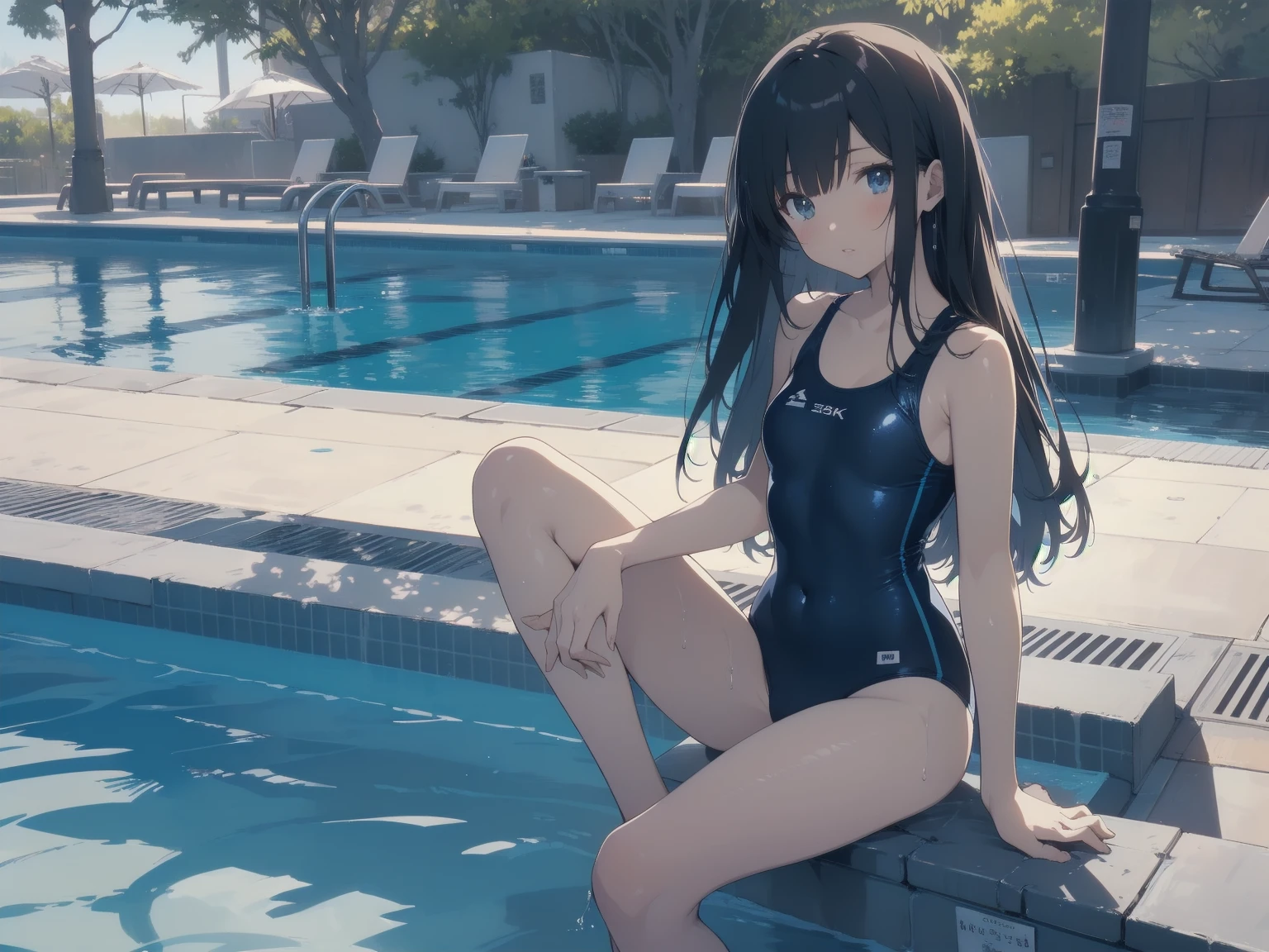ultra-Top-quality by art God, ultra-detailed, high resolution, shinkai makoto style, anime moe artstyle, best anime 8k konachan wallpaper, pixiv contest winner, perfect anatomy, break,(Please draw a picture of a girl in a swimsuit sitting on a bench by the poolside alone.),break, a hyperrealistic school girl, parted lips, (Solo,ta, kid, 13-year-old:1.3),Full limbs, complete fingers, androgynous charm, very long hair, wet hair, small breasts,slender body, Small butt, groin, Small black eyes,hanme,beautiful detailed eyes, well-proportioned iris and pupils, sleepily, highres detailed hair, swimsuit, wet swimsuit, bare shoulders, thighs, in the school pool. break,super detailed skin, shiny skin, Best lighting powered by famous artist, 8k, illustration,UHD, textured skin,break,((artist:toosaka_asagi )), artist:clamp ,artist:carnelian ,artist:kantoku ,